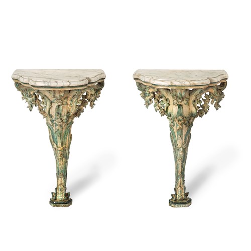 A Pair of Italian Rococo Green and White Painted Consoles with White and grey Marble Tops, Genoa, Mid-18th Century